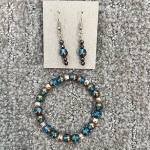 Handmade Bracelet and Earring Set Aqua and Copper Beads